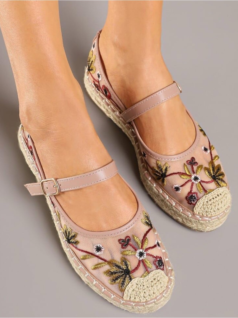 Embroidered Mesh Floral Pink Espadrille Mary Jane Flats Atbell Size 39 or 8.5 US